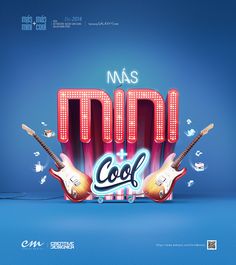 an advertisement featuring guitars and the word'maas cool'in neon letters on a blue background