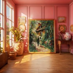 a room with pink walls and paintings on the wall, potted plants in vases