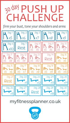 the 30 day pushup challenge is shown in red, blue and orange with an image of