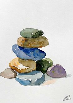 a watercolor painting of rocks stacked on top of each other in the shape of a pyramid