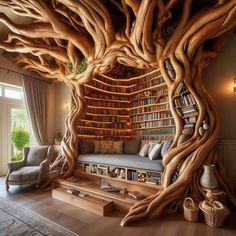 a living room with bookshelves made out of tree branches and couches in the corner