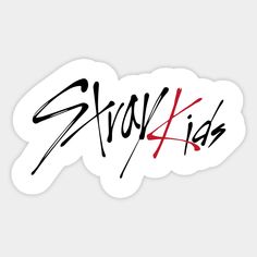 a sticker with the word stray kids written in black ink on a white background