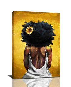 the back of a woman's head with a sunflower in her hair, against a yellow background