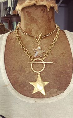 ✨🌟 my Big Dipper and little DiPPers star necklaces.  Fun bold statements ✨ the small gold soldered crystal star on petite gold rolo chain.  silver and gold bold solid star with large toggle on chunky chain.  ✨make your choice of style and length below   also shown here are my big ole' heart necklaces available here: https://www.etsy.com/listing/1786995503/heart-pendant-necklace-big-heart-pendant?click_key=fcb6ac8c7e56fd612566bf1ab5f341a9e6f5b52e%3A1786995503&click_sum=d60d7937&ga_search_query=b Chunky Star Necklace, Big Necklaces, Chunky Gold Necklace, Big Pendant Necklace, Star Necklaces, Big Dipper, Cute Ear Piercings, Bold Statements, Heart Necklaces