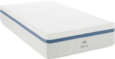 an image of a mattress topper on a white bedding set with blue stripes