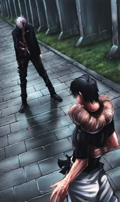 two anime characters standing on a brick walkway