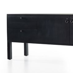 a black sideboard with two drawers and three knobs on the front, against a white background