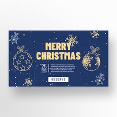 a merry christmas banner with ornaments and snowflakes on a dark blue background,