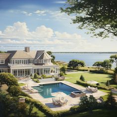 an artist's rendering of a large house with a pool in the foreground