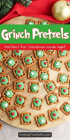 grin - pretzels perfect for christmas movie night with green frosting and hearts