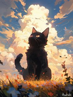 a black cat sitting on top of a lush green field under a cloudy blue sky