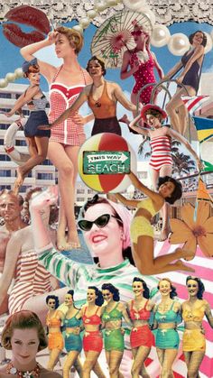 a collage of women in bathing suits and umbrellas, with the caption beach