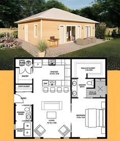 the floor plan for a small house with an attached kitchen and living room, as well as