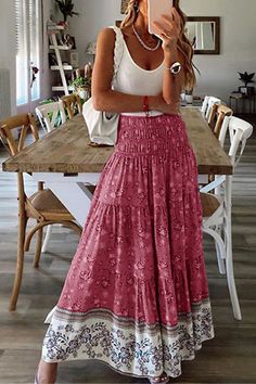 Pink Maxi Skirt, Printed Long Skirt, Boho Mode, Maxi Rok, Estilo Hippie, Maxi Skirt Boho, Rock Outfit, Mode Boho, High Waist Dress