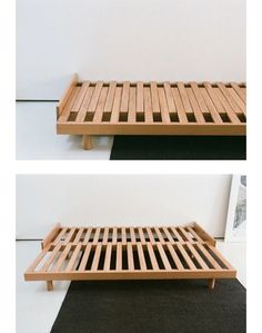 two pictures of a wooden bed frame with slats on the top and bottom sides