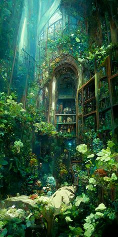 a room filled with lots of green plants and bookshelves next to a window