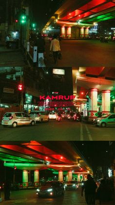 two pictures of cars parked in front of a building at night and on the street