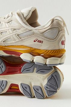 Combining performance elements with a heritage design, these 2000s-inspired sneakers from Asics are the perfect mix of sleek and sporty. **Features:** Low-boot construction, leather and suede uppers, mesh underlay, contrast tooling, lightweight foam and gel insert technology, rubber outsole, lace-up closure**Why We <3 It:** These sneakers pair well with anything from activewear to elevated pieces. White Asics Sneakers Outfit, Asic Gels Outfit, Cool Women’s Sneakers, Cool New Balance Shoes, Versatile Sneakers Women, European Sneakers Women, Asics Shoes Outfit, Trendy New Balance Sneakers, Running Shoes Aesthetic