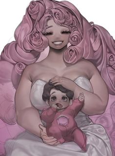 a drawing of a woman with pink hair holding a baby in her lap and looking at the camera