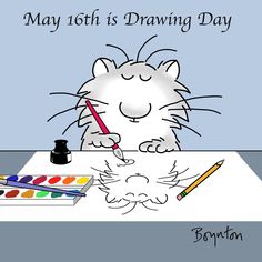 a cartoon cat is drawing on paper with colored pencils and watercolor paints in front of it