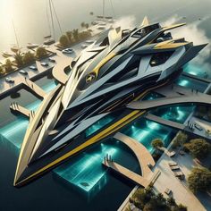 a futuristic boat floating on top of a body of water