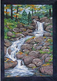 a painting of a waterfall surrounded by rocks