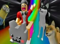 an animated image of a man and two dogs in front of a rainbow colored background