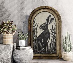 an image of a rabbit in the grass with potted plants next to it on a shelf