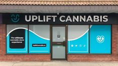 Uplift Cannabis in Orillia has had SpeedPro Barrie for complete their storefront look! The turquoise window vinyl really pops, catching the eye of passers-by, while the partial frosting at the top of the design allows lots of natural light to come through into the indoor space. The combination window application looks great! Contact SpeedPro today and we can help you to use that space effectively! #SpeedProBarrie #SpeedPro #storefrontsignage Building Signage, Storefront Signage, Lots Of Natural Light, Window Signage, Dark Background Wallpaper, Pharmacy Design, Window Graphics, Dentist Office, Pilates Studio