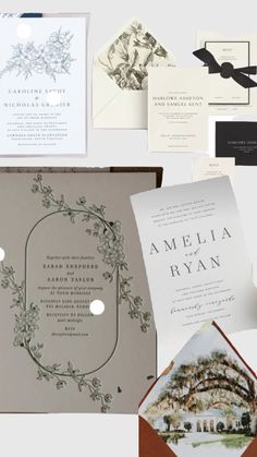 an assortment of wedding stationery items including cards, envelopes and brochures