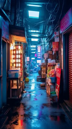 an alley way with lots of boxes and signs on the walls, at night time