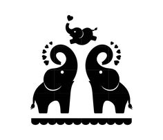 two elephants standing next to each other on top of a white background with hearts flying above them