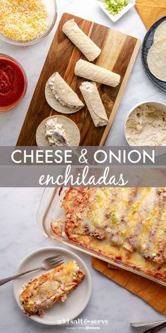 cheese and onion enchiladas on a cutting board