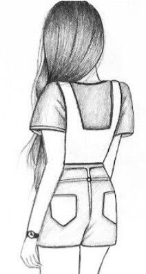 a drawing of a girl with her back to the camera, wearing shorts and a t - shirt