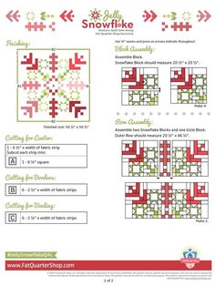 the snowflake quilt pattern is shown in red, white and green colors with an arrow