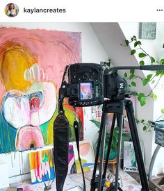 a camera sitting on top of a tripod in front of a painting and plant