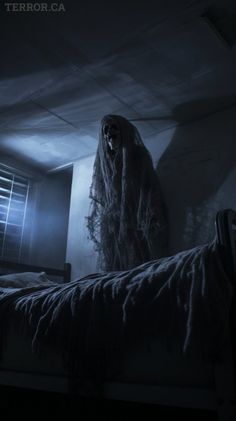 a creepy bed in a dark room with light coming from the window and ghost head