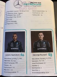 an open book with pictures of two men in racing suits and numbers on the pages