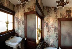 two pictures of a bathroom with wall paper