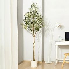 a white desk with a laptop on it and a tree in the corner next to it