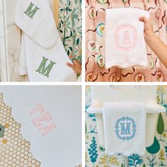 four different towels with monogrammed designs on them and one has the letter m