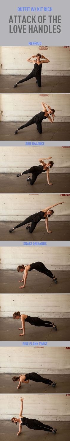 four different images of a woman doing yoga poses with her hands in the air and legs out