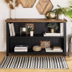 Lucas Farmhouse Shelf Storage Walker Edison Black Low Bookshelf Decor, Coffee Area In Dining Room, Tv Console Decorating, Horizontal Shelf, Bedroom Console, Boho Loft, Low Bookshelves, Tv Stand Shelves