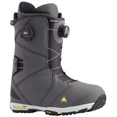 the burton snowboard boots are grey and have yellow details on the outstrap