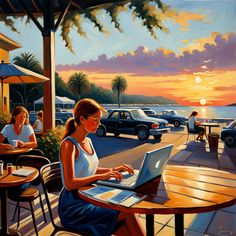 a painting of a woman sitting at a table with a laptop computer in front of her