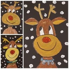 four different pictures of reindeers in the snow with their faces painted to look like they are