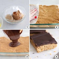 four pictures showing how to make peanut butter bars with chocolate and marshmallows