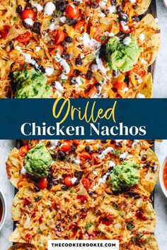 an easy chicken nachos recipe on a sheet pan with the title overlay