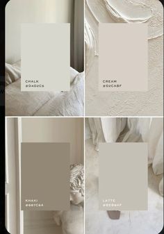 four different shades of white paint on a bed