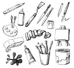 various art supplies drawn in black and white